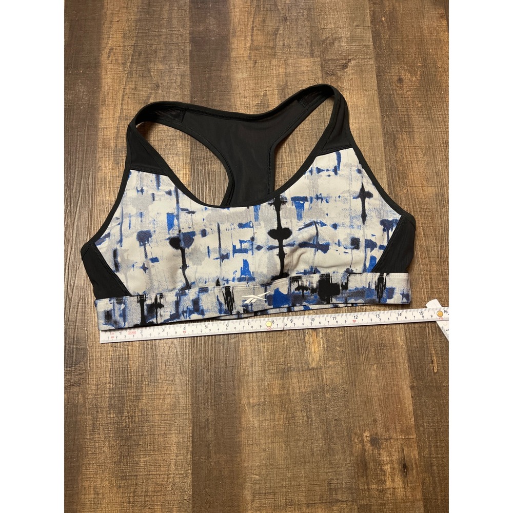 Reebok Sports Bra Medium Impact Blue Gray Abstract Print Racerback Workout Runni